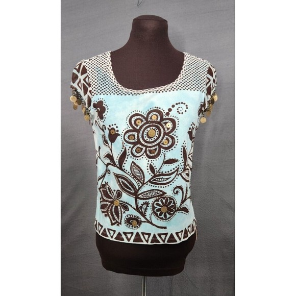 Soft Surroundings Short Sleeve Blue Brown Floral Print Dangling Embellishment XS - Picture 1 of 11